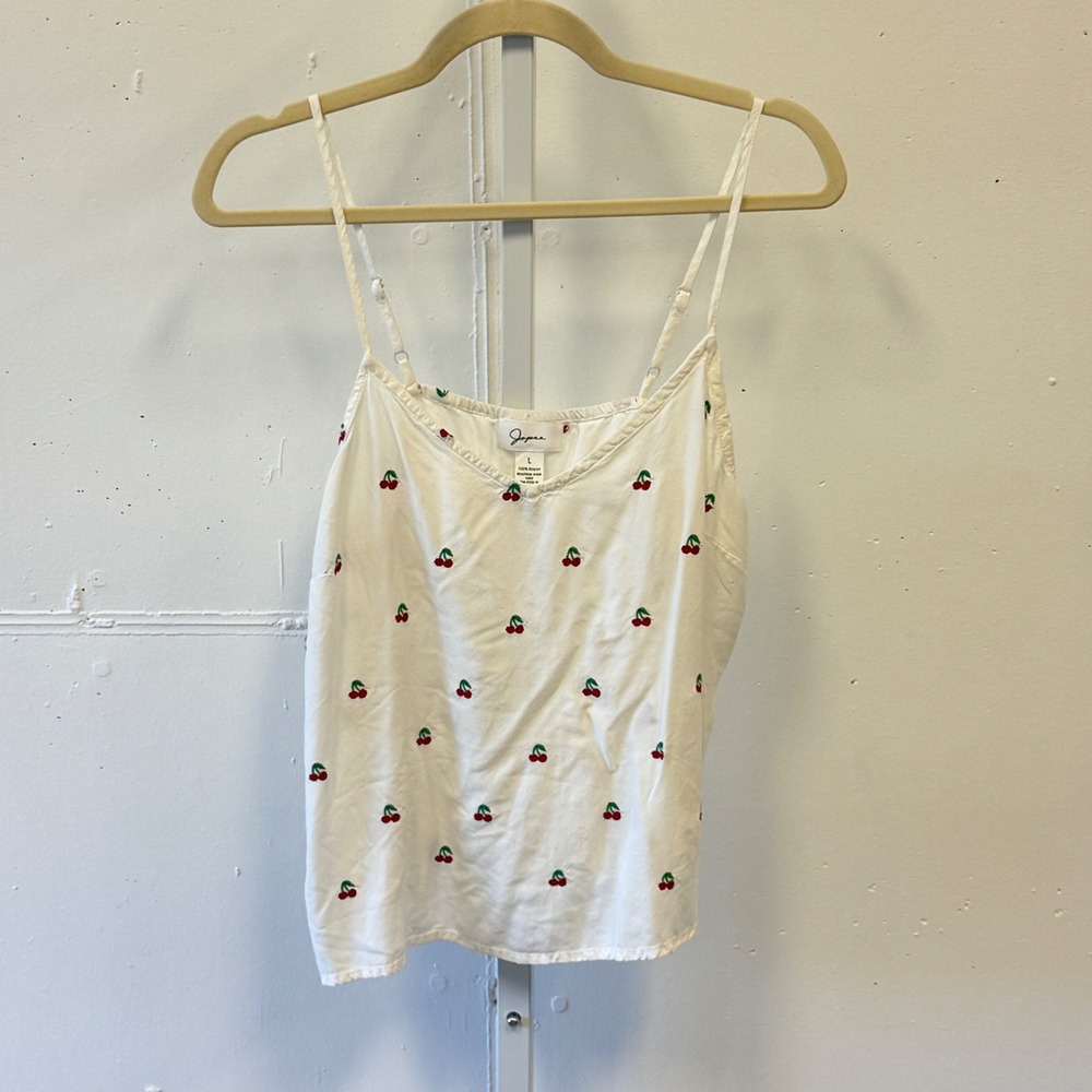 Japna White Cherry Embroidered Rayon Camisole Tank Top Women Large Adjustable